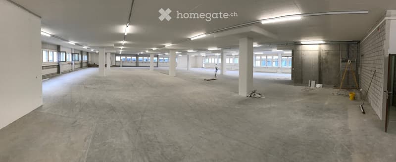 Empty industrial-style room with concrete floors, white pillars, and large windows, showing construction materials and tools.