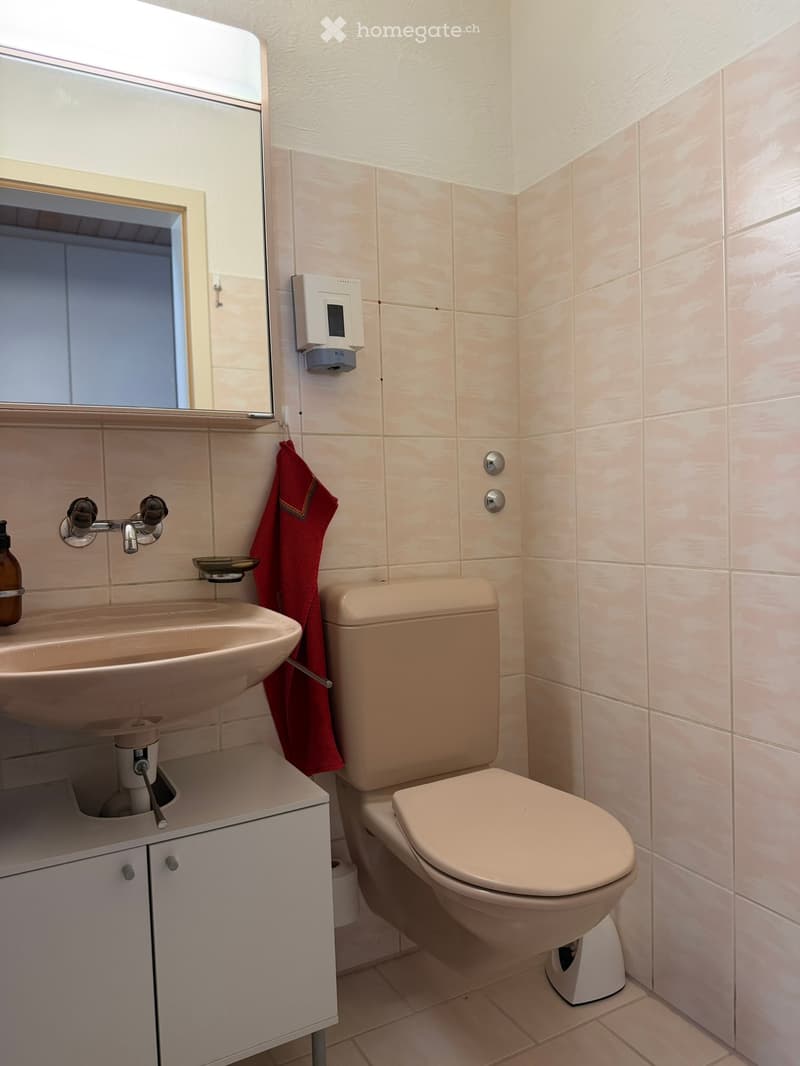Modern bathroom with beige tiles, a sink with a modern faucet, a toilet, a mirror, a towel, and a soap dispenser.