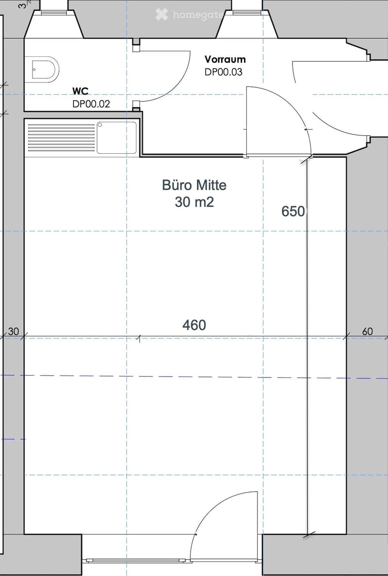 Floor plan showing a central office space labeled "Büro Mitte 30 m2" with adjacent WC and storage area.