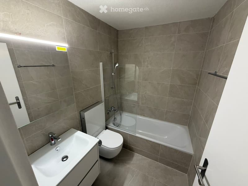 modern bathroom with white bathtub, white toilet, white sink, gray tiles, glass shower enclosure