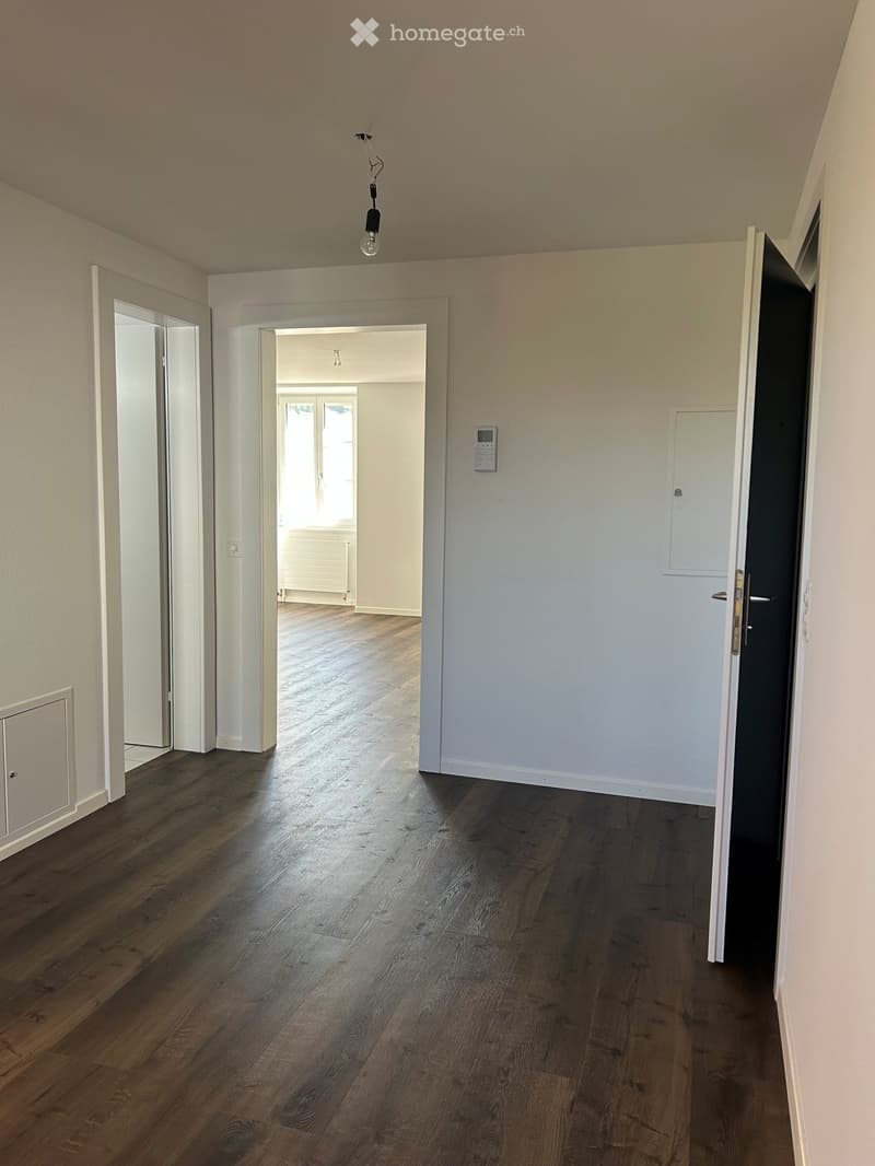 Empty hallway with wooden flooring, white walls, and several doors leading to other rooms.