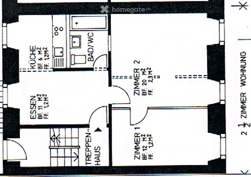Floor plan of a 2-room apartment with a kitchen, dining area, living room, and bathroom.