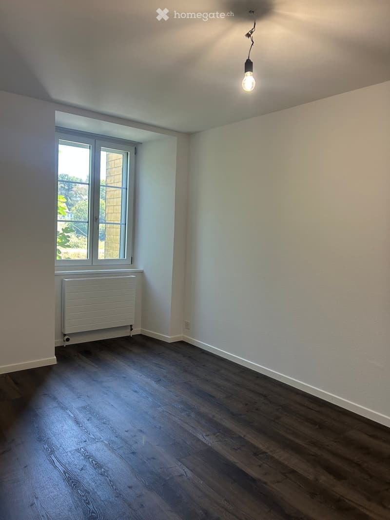 Empty room with wooden flooring, white walls, a window with a radiator below, and a single hanging light fixture.