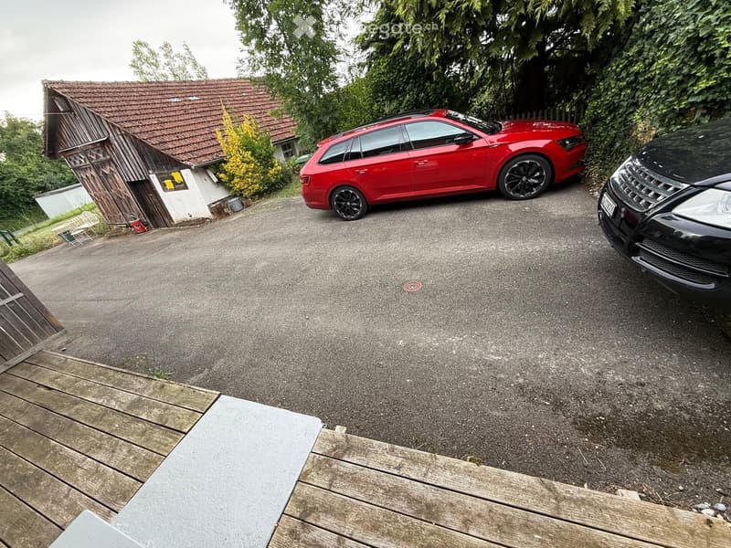 Driveway with two parked cars, a small wooden shed, and greenery in the background.