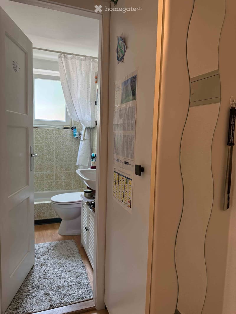 Bathroom with a toilet, sink, bathtub, and shower curtain. Calendar and various bottles are visible on the wall and shelf.