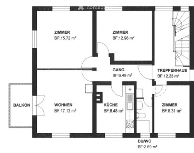 Floor plan showing a living area, kitchen, two bedrooms, hallway, staircase, and balcony.