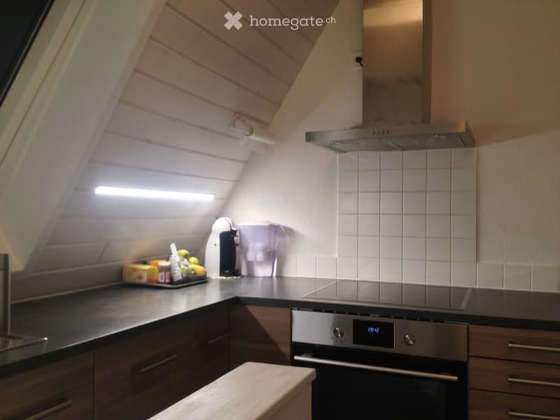 Modern kitchen with wooden cabinets, black countertops, stainless steel appliances, and a cozy slanted ceiling.