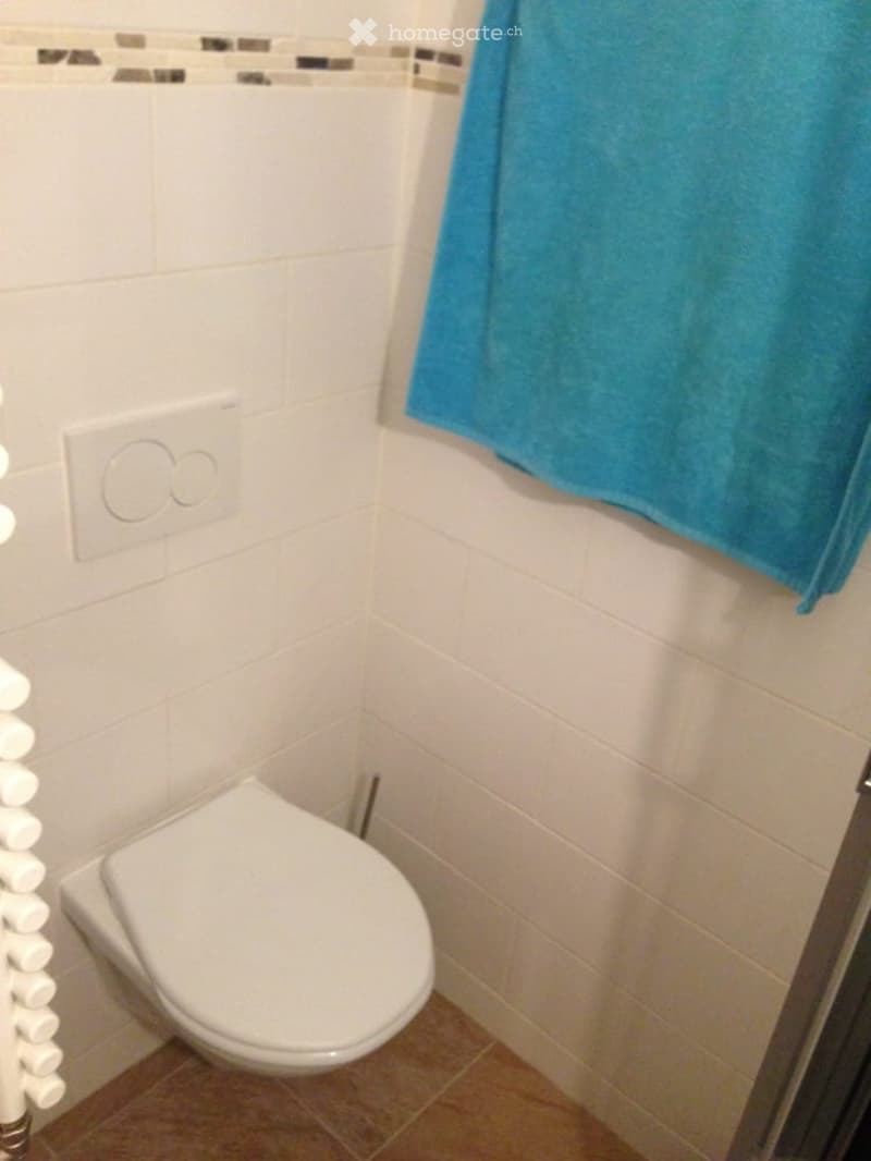 A small bathroom with white tiled walls, a toilet, a towel hanging on the wall, and a radiator on the left side.