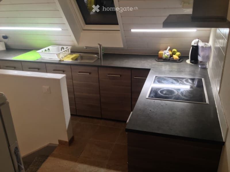 Modern kitchen with dark countertops, stainless steel sink, induction stove, and built-in cabinets.