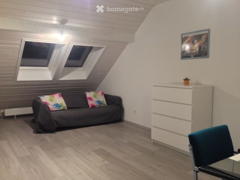 A cozy attic-style living room with wooden flooring, white walls, and skylight windows. Features a black sofa with colorful pillows, a white dresser, a small potted plant, and a picture frame on the wall.