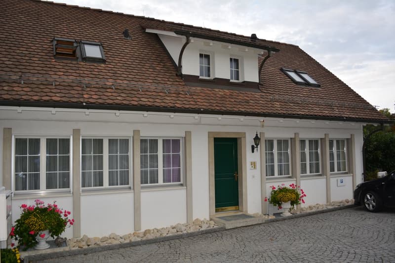 Two-story house with white exterior, brown tiled roof, multiple windows, green front door, and flower pots on either side of the entrance.