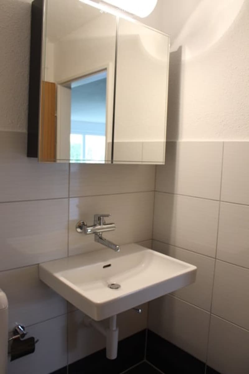 Modern bathroom with a white sink, chrome faucet, and a mirrored cabinet above it. The walls are tiled in light gray, and the floor is dark.