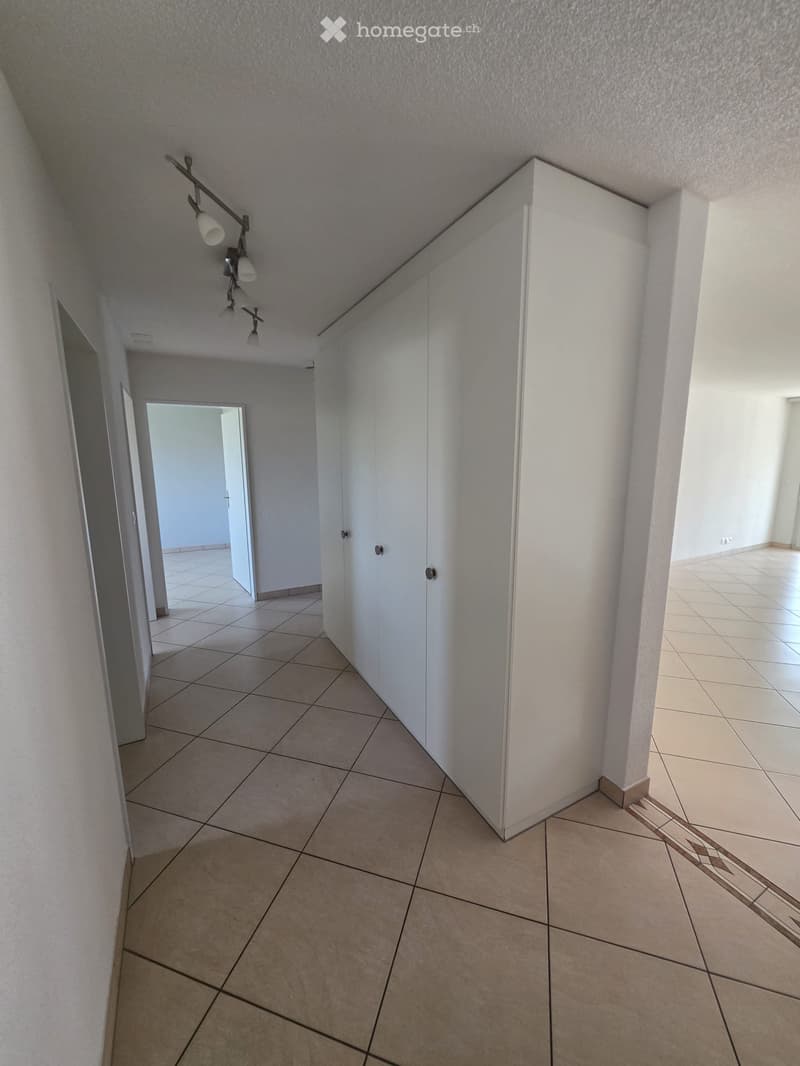 Empty hallway with tiled floor, white walls, and built-in storage cabinets. Features a track light fixture on the left wall and open doorways leading to other rooms.