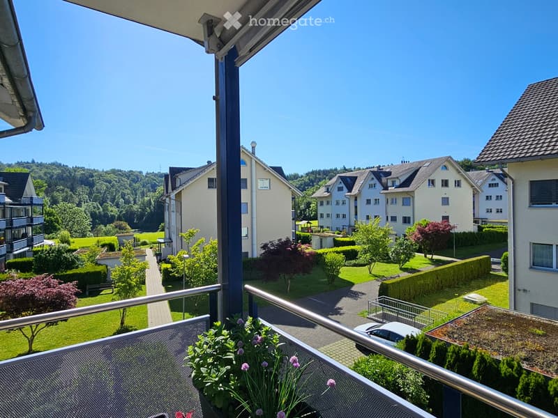 Balcony overlooking a well-maintained garden area with trimmed hedges, trees, and a paved pathway leading to neighboring houses.