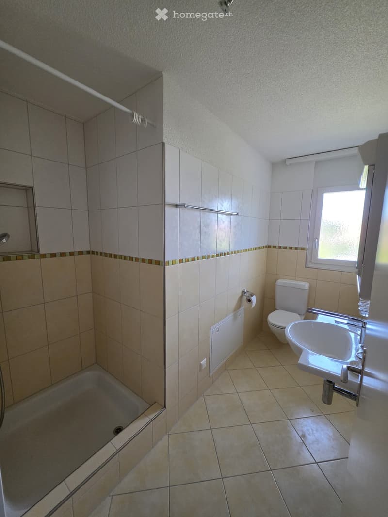 Modern bathroom with tiled walls and floor, featuring a toilet, sink, shower, and mirror.