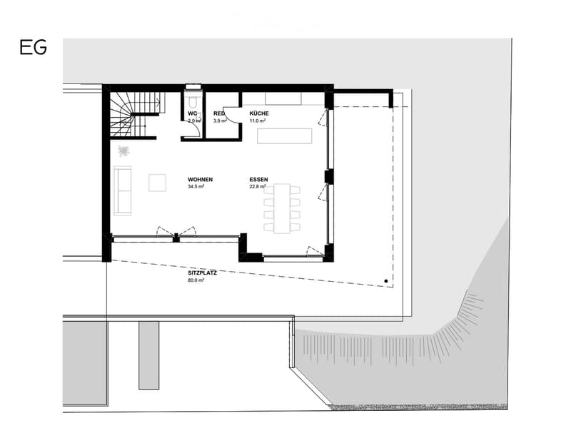 Ground floor plan showing living area, dining area, kitchen, WC, and seating area.
