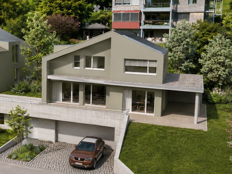 Modern two-story house with a garage, balcony, and surrounding greenery. Features include large windows, a flat roof, and a raised ground floor.