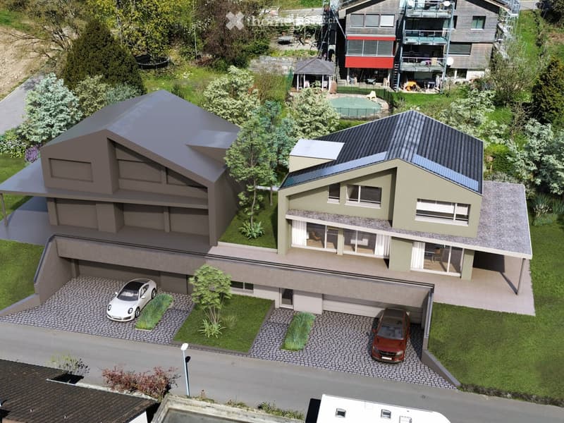 3D rendering of a modern residential complex with multiple houses, garages, and landscaped gardens. Includes a raised ground floor, parking spaces, and a swimming pool.