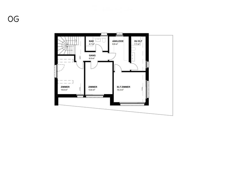 Ground floor layout showing a bathroom, hallway, dressing room, master bedroom, two bedrooms, and a walk-in closet.