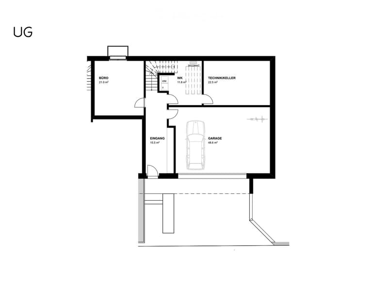 Underground floor plan showing entrance, office, technical basement, and garage.
