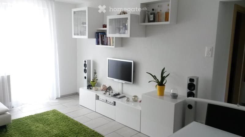 Modern living room with white walls, tiled floor, and large windows. Features a television mounted on the wall, speakers, a white entertainment unit with decorative items, shelves with books and bottles, and potted plants.