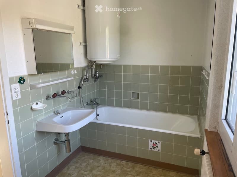 Bathroom with a white sink, bathtub, mirror, electric water heater, and shelves.