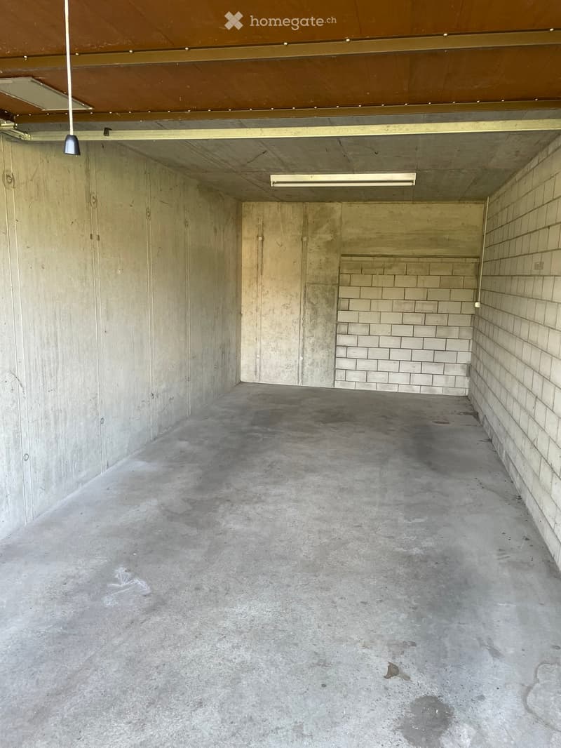 Empty underground parking space with concrete walls, floor, and ceiling. Features a single hanging light fixture and a few doors leading to other areas.