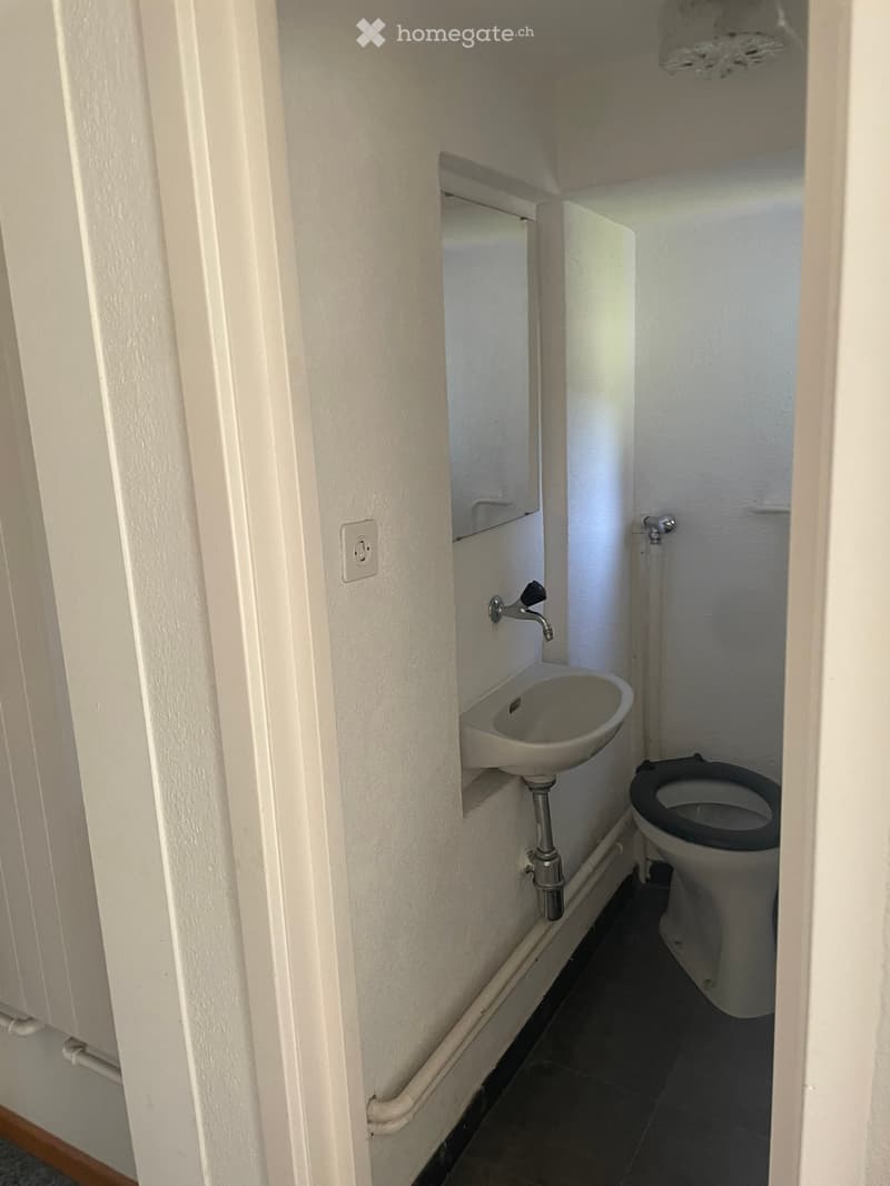 Small bathroom with a toilet and a sink, white walls, and dark tiled floor.