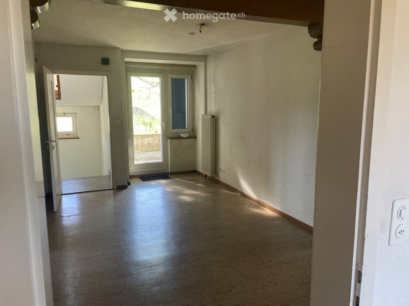 Empty hallway with wooden flooring, white walls, and a door leading to another room. Natural light streams in from a glass door at the end.
