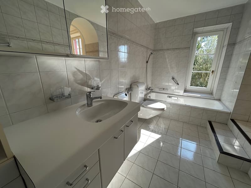 Clean white bathroom, modern fixtures, large mirror, white bathtub with shower, white ceramic tiles