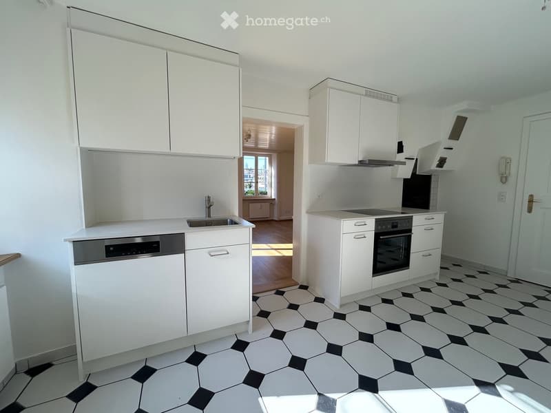 modern kitchen with white cabinets, hexagonal tile floor, stainless steel sink, dishwasher, built-in oven, and large windows with views