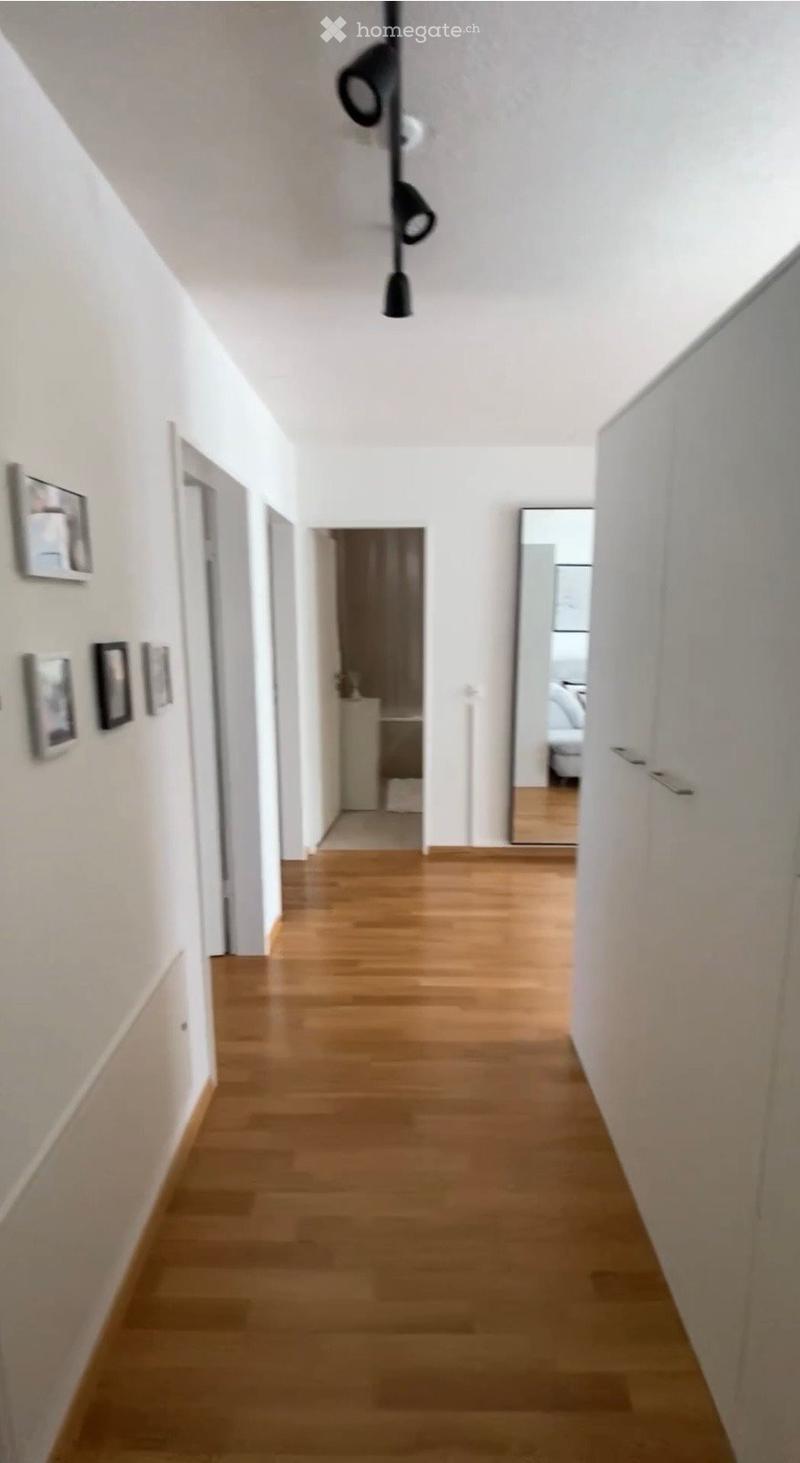 A long, narrow hallway with light wooden flooring, white walls, and several doors leading to different rooms. A large mirror is mounted on the right wall, and a modern black pendant light hangs from the ceiling.