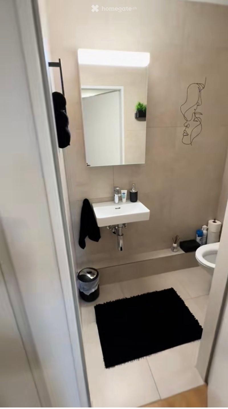 Modern bathroom with a white sink, mirror, toilet, black towel, and a small black rug on the floor.