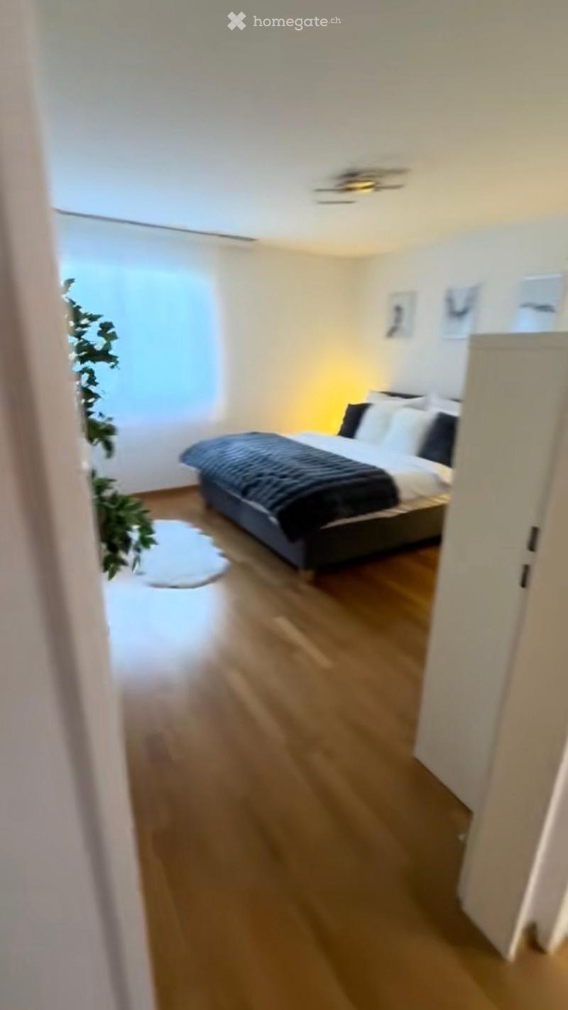 Modern bedroom with wooden flooring, a bed with dark bedding, a white rug, and a large window with sheer curtains. The room features a ceiling light fixture and a small plant near the window.