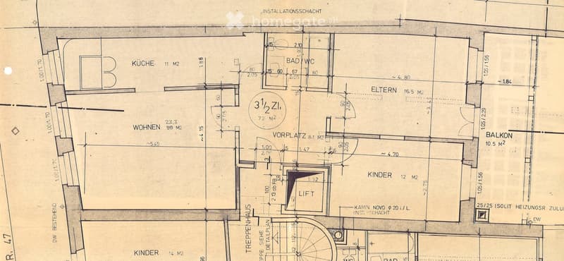 Floor plan showing a kitchen, living area, two bedrooms, bathroom, balcony, and stairwell.