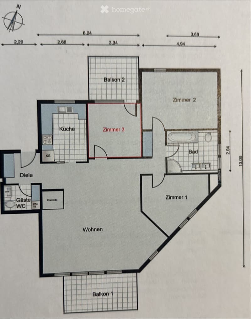 Floor plan showing a kitchen, living room, three bedrooms, two bathrooms, and two balconies.