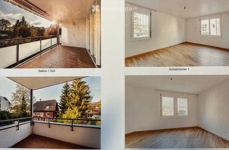 Four images showing a balcony and two unfurnished bedrooms with wooden flooring and large windows.
