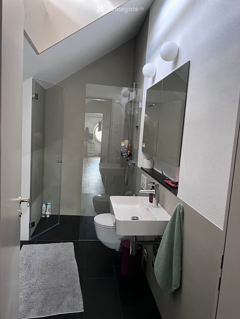Modern bathroom with a white sink, chrome faucet, toilet, large mirror, glass shower enclosure, and towels on the floor.