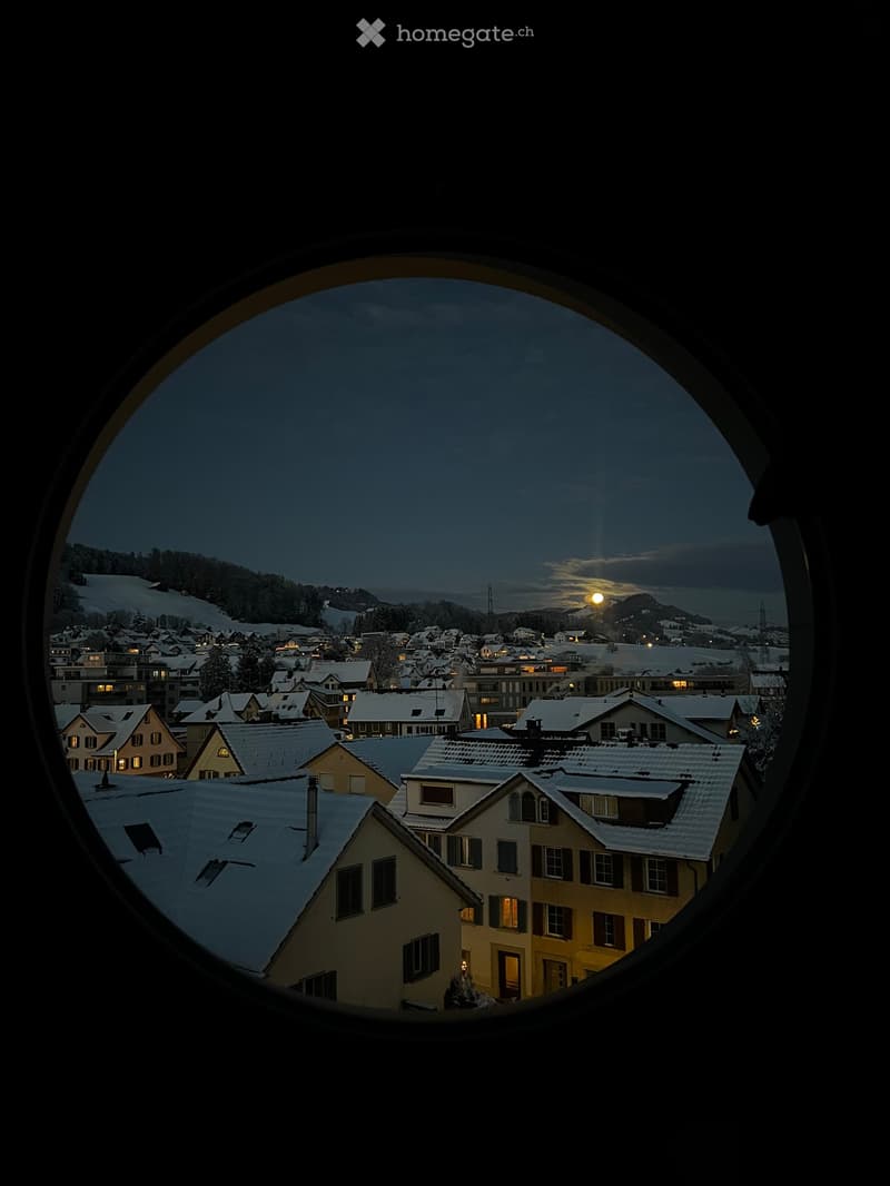 View from a round window showing a snow-covered town at dusk with illuminated houses and a setting sun.