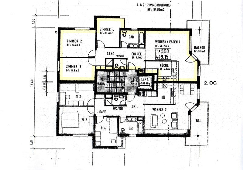 4 rooms, WC/Bathroom, Kitchen, Living Room/Essen, Lift, Balcony