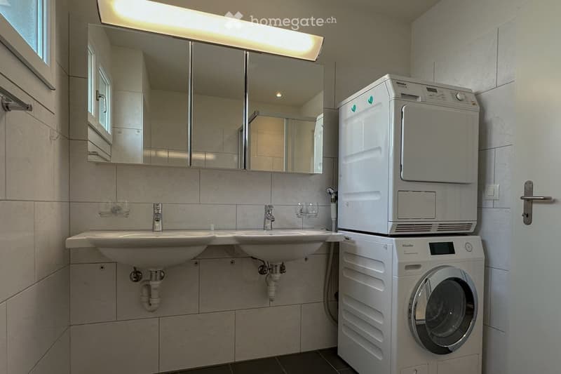 Modern bathroom with double sinks, large mirror, and stacked washer/dryer unit.