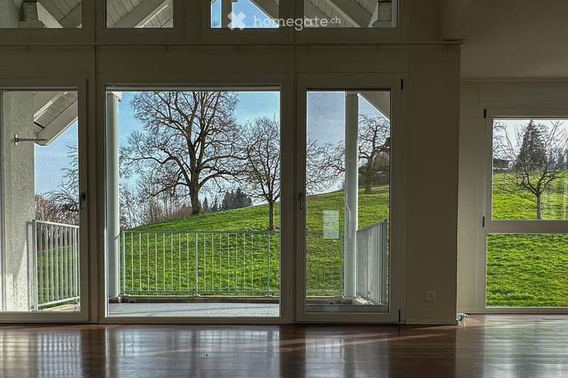 Bright, empty room with large glass doors leading to a balcony overlooking a green, tree-lined hillside. The interior features a polished wooden floor and white walls.