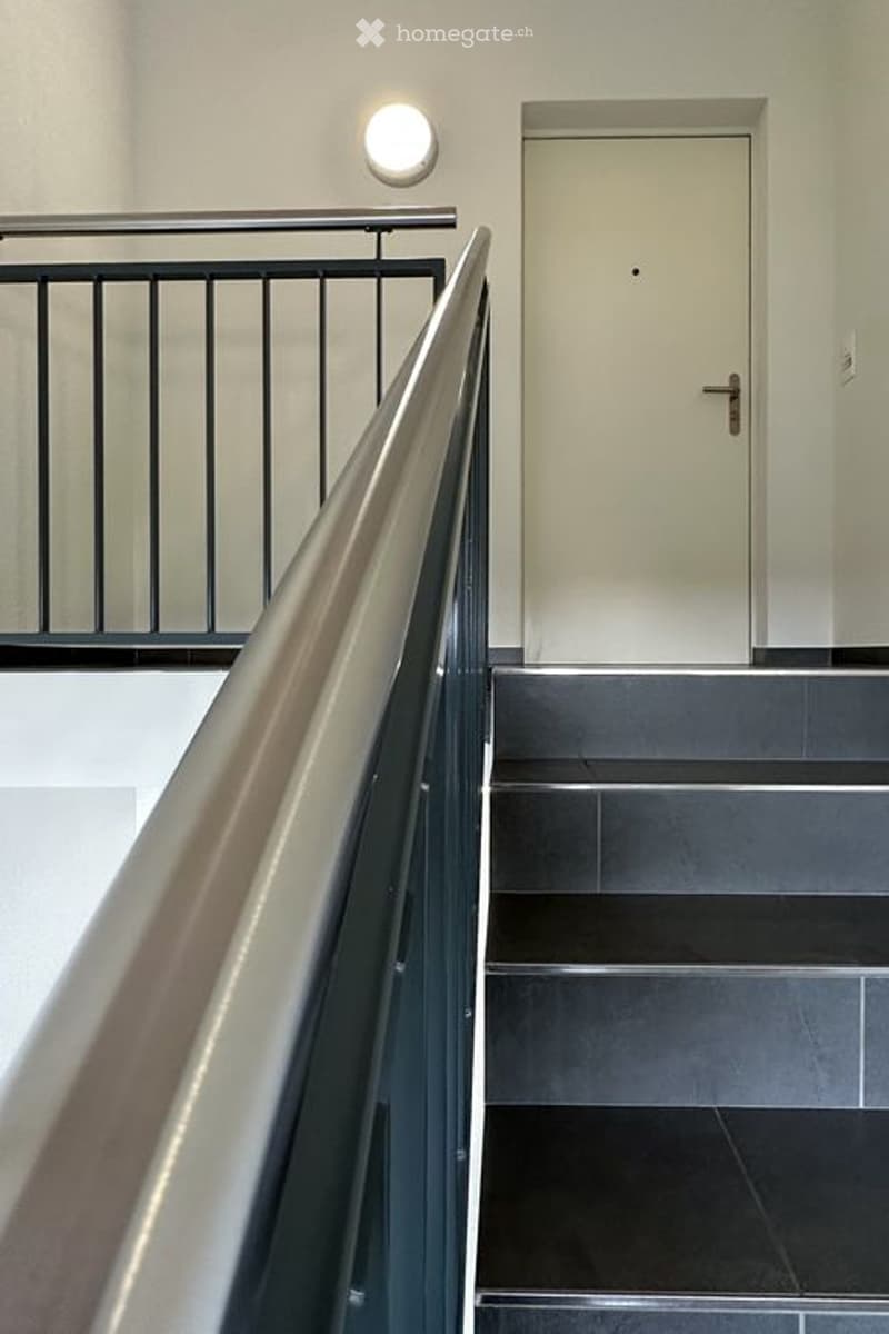 Modern staircase with metal railing, grey tiled steps, white walls, and a closed door at the top.