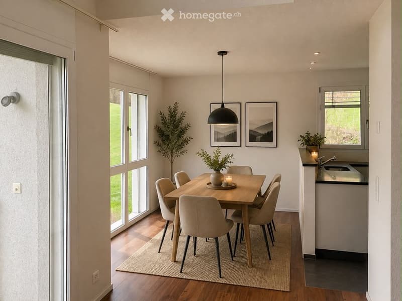 Bright dining area with a wooden table, six chairs, pendant light, and two framed pictures on the wall. A small kitchen area is visible with a sink and faucet.
