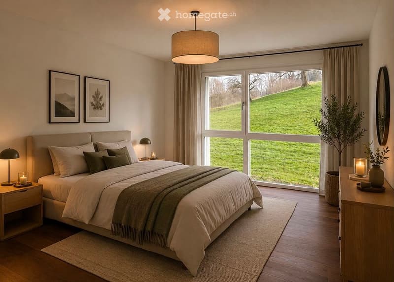 Modern bedroom with a large bed, nightstands, lamps, a large window with a scenic view, and decorative elements like picture frames and a plant.