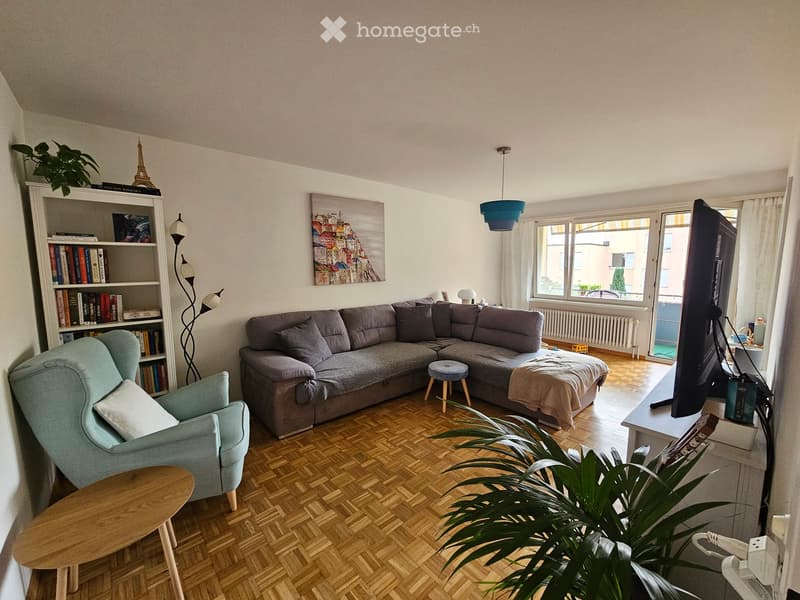 Modern living room with a grey sectional sofa, light blue armchair, wooden coffee table, bookshelf, pendant light, TV, and plants.