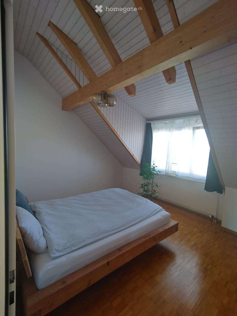 Cozy attic bedroom with wooden slanted ceiling beams, a single bed with white bedding, a small fan, and a window with a curtain and a small plant.