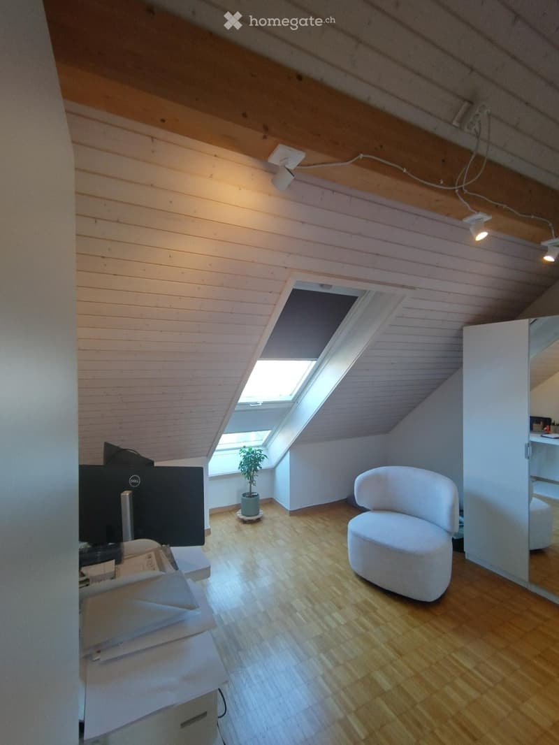 Bright attic room with wooden walls and ceiling, skylight window, white chair, screen, small plant, and table.