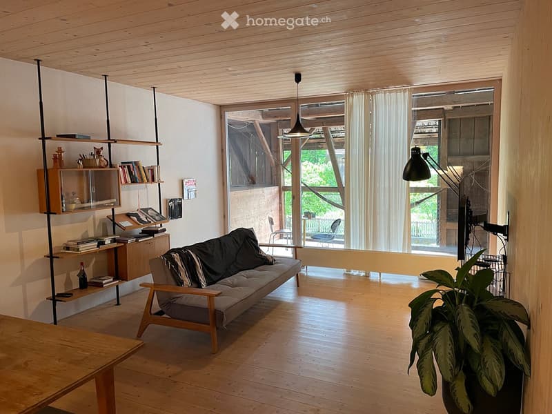 Bright living room with wooden floors, large windows, a sofa, a coffee table, shelves with books and decorative items, and a hanging lamp.