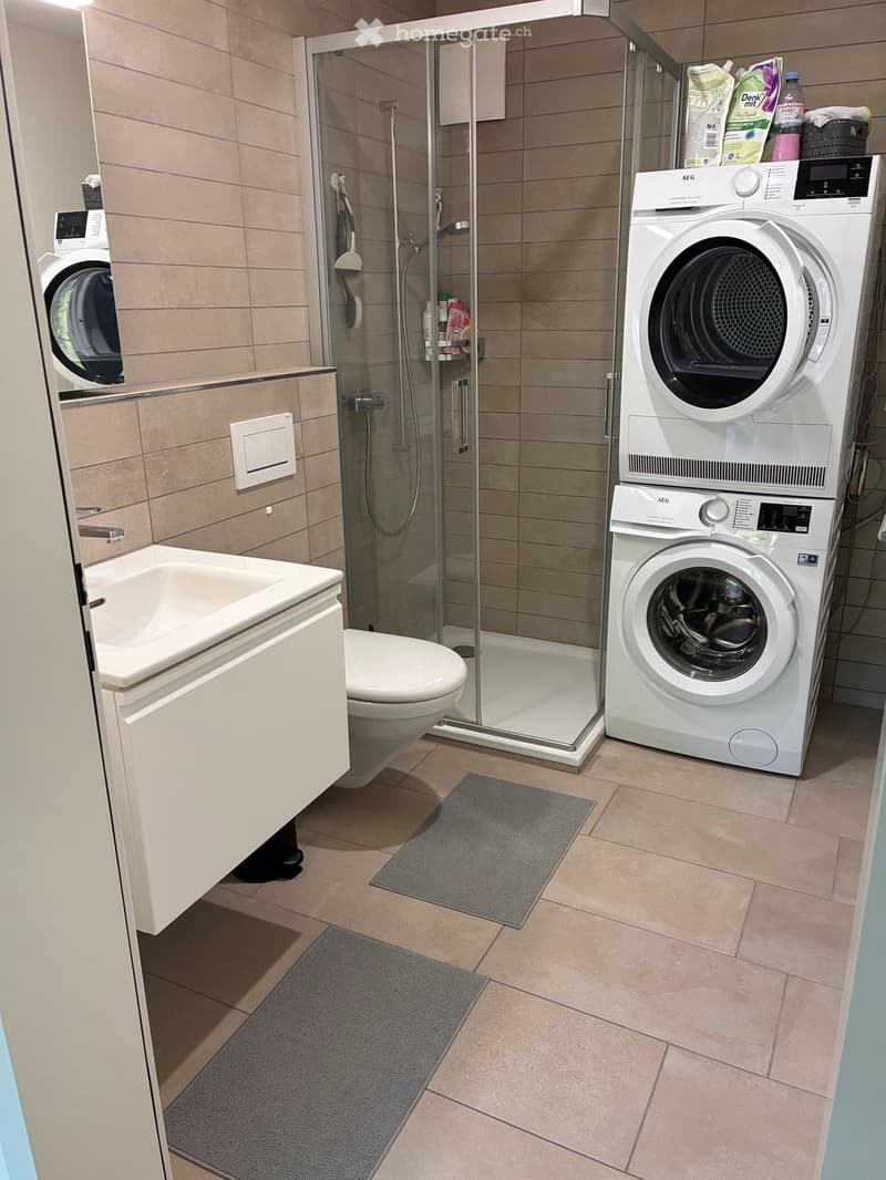 Modern bathroom with a white toilet, sink, and a glass-enclosed shower. A washing machine and dryer are positioned to the right, with a small shelf holding various items above them. The floor is tiled, and two gray rugs are placed in front of the shower a